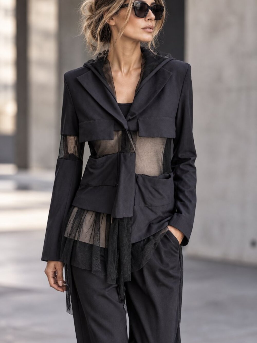 Oblique Creations Italian Designer Avant Garde Black Mesh Panel Hooded Jacket S